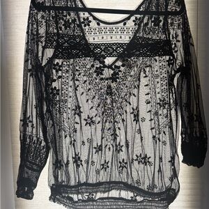 Free People Black/Noir Sheer long sleeve top Lace Blouse